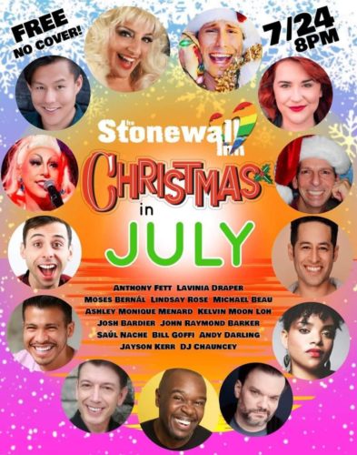 Poster for the line up of performers for Christmas in July at Stonewall Inn